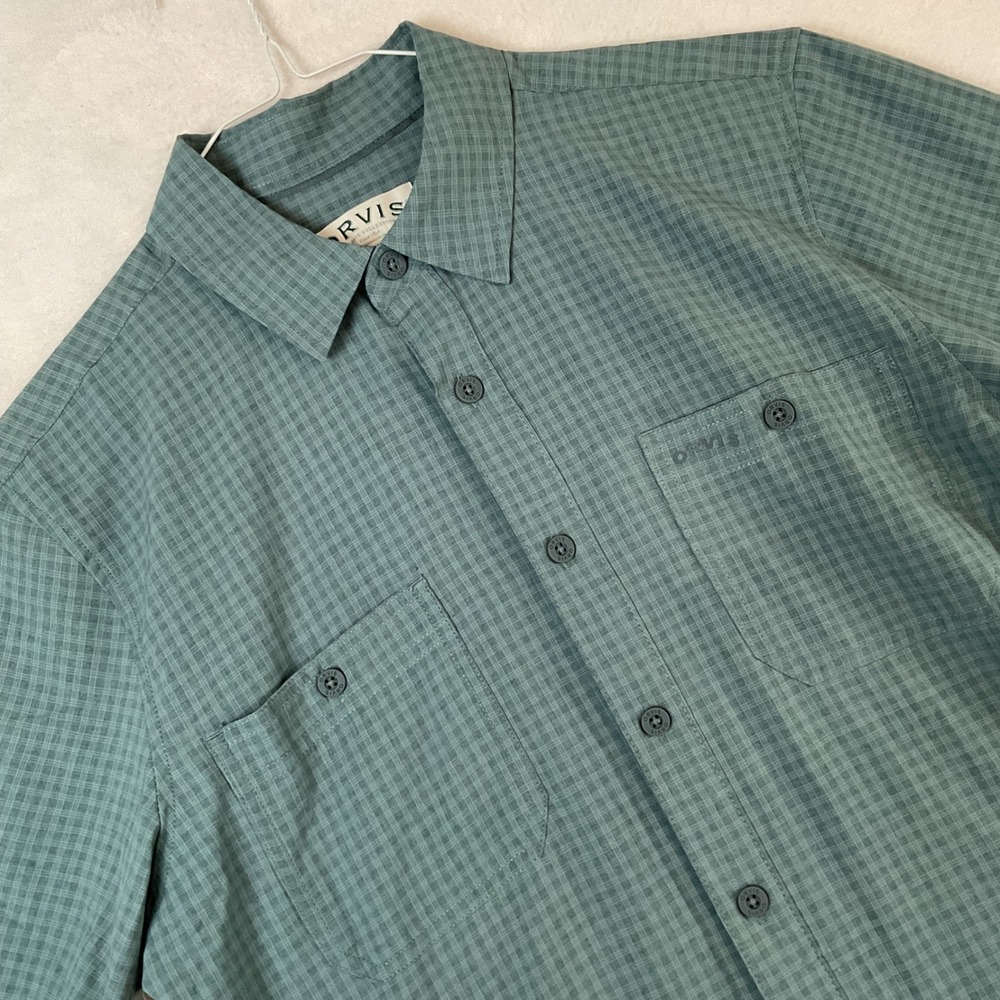 Orvis‎ Mens Green Micro Check Short Sleeve Button Up Hiking Shirt Small
